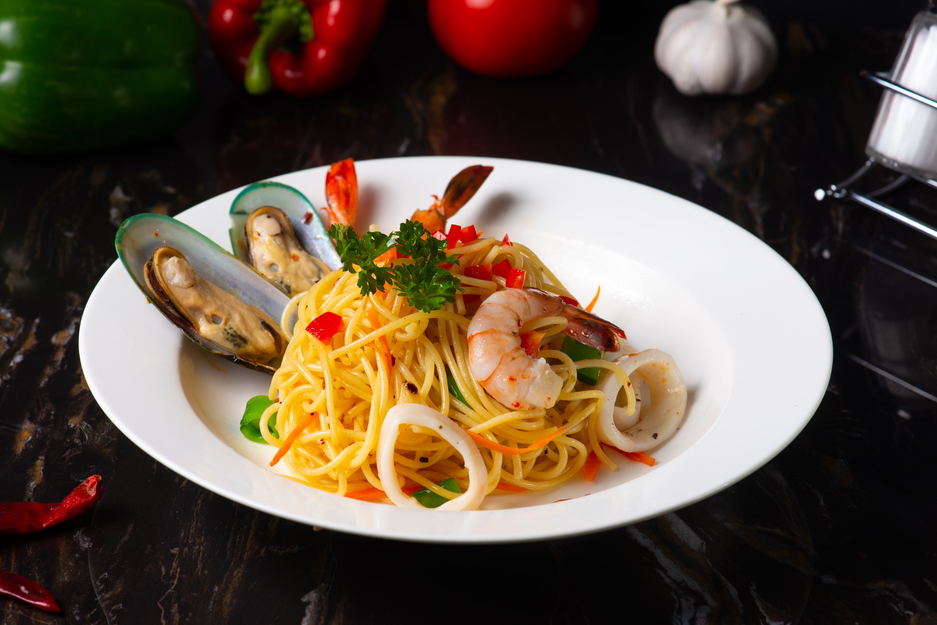 Seafood pasta with shrimp and mussels